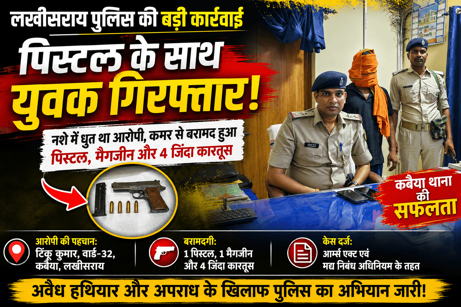 लखीसराय में पिस्टल के साथ दबोचा गया युवक, नशे में धुत आरोपी से पुलिस कर रही गहन पूछताछ
